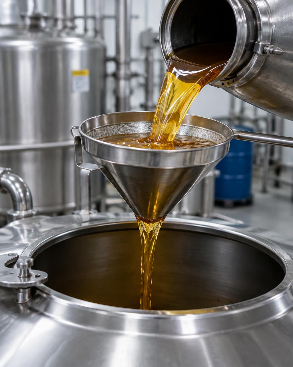 Used cooking oil poured through a stainless steel filter into a bulk tank